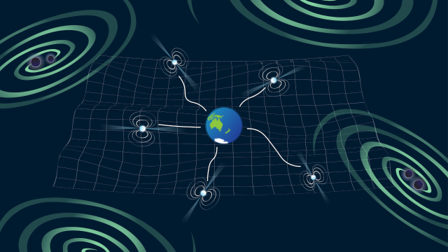  Graphic showing the Earth at the centre of a warped space-time grid. On the grid, surrounding the Earth are several pulsars whose beams are being distorted with space-time. In the distance, and on the edges of the image, are swirling binary black holes. 