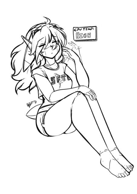 Sketch of an android woman with mechanical rabbit ears and a tail fanning herself with her hand. A little pop-up box next to her says "CPU Temp: High".