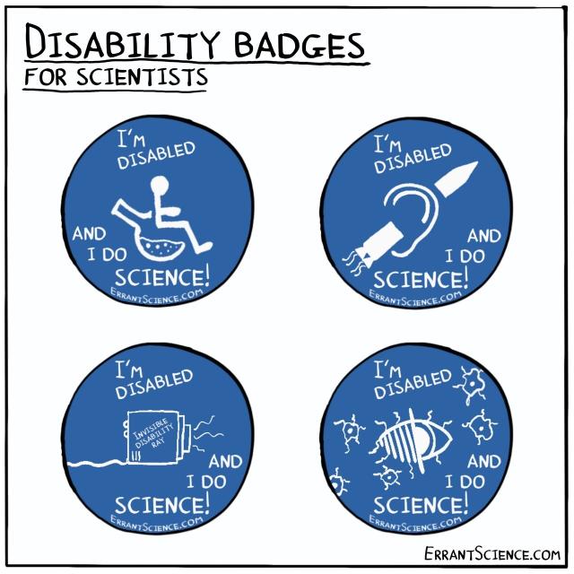 4 blue disability badges for scientists with cartoon figures