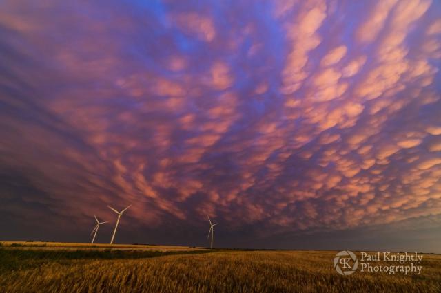 A stormy sunset sky over wide open, golden plains. The clouds are pink, purple, and vibrant blue. Wind turbines are on the horizon.
