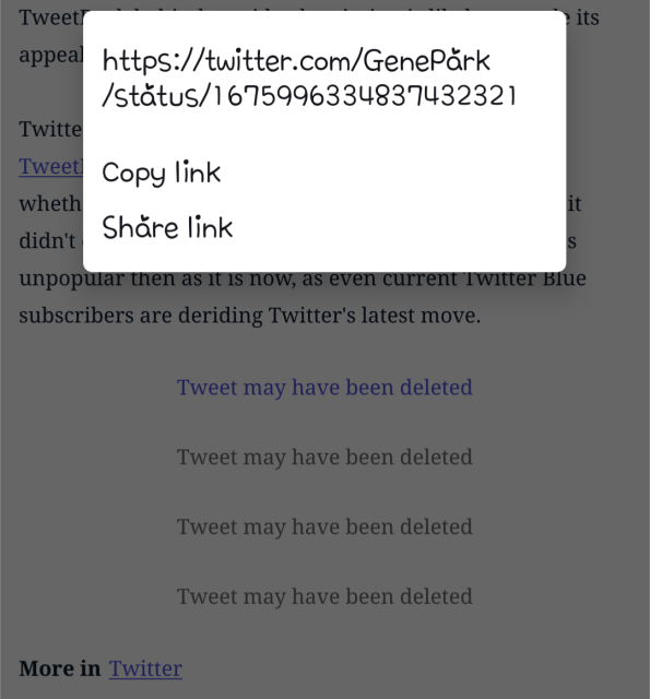 4 embeds just say "Tweet may have been deleted"