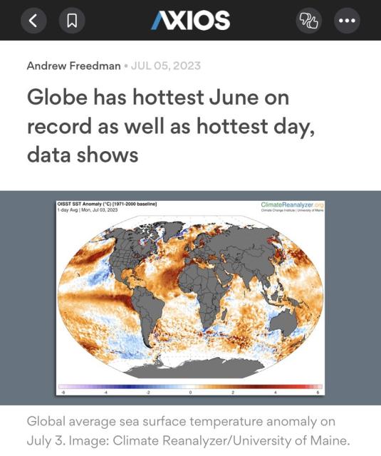 Axios article screenshot: “Globe has hottest June on record as well as hottest day, data shows”