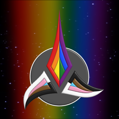A version of the Klingon emblem in the colours of the inclusive pride flag, in front of a rainbow in space.