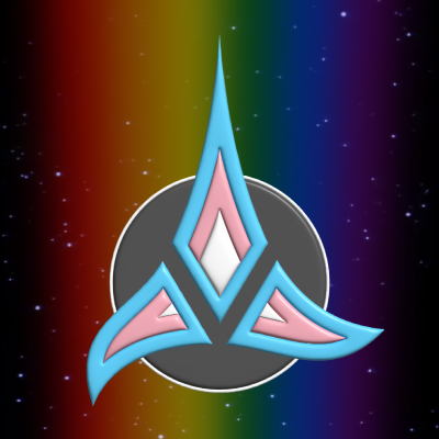A version of the Klingon emblem in the colours of the trans pride flag, in front of a rainbow in space.