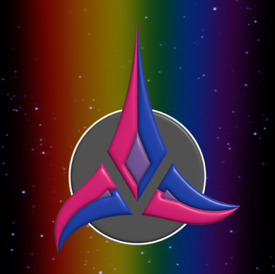 A version of the Klingon emblem in the colours of the bisexual pride flag, in front of a rainbow in space.