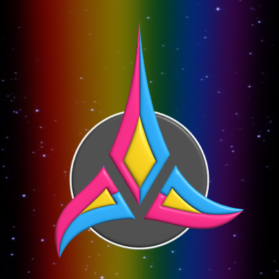 A version of the Klingon emblem in the colours of the pansexual pride flag, in front of a rainbow in space.