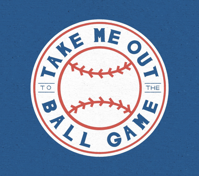 “Take me out to the ball game” in lettering. The design is of a crest with the middle being the shape of a baseball