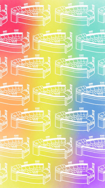 Rainbow gradient background with a white outline sketch of Dodgers Staduim