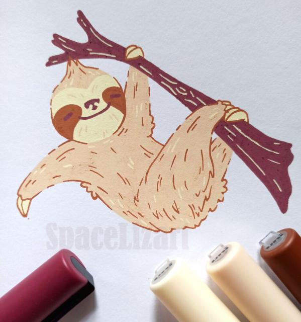 A cartoony paint marker drawing of a sloth hanging from a branch.