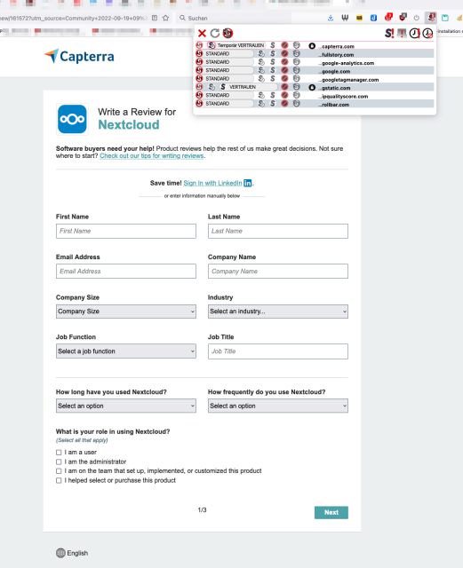Rate Nextcloud
Link from Newsletter
Page with tracker from Google etc
