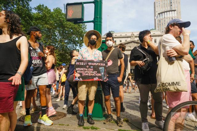 A picture of two folks with wearing KN95s and shorts in Foley Square, NYC amidst a crowd of people. The sign being held up reads: Resist transphobia + Nourish our revolutionary imagination. Also there is a tree, a raised fist, and some buildings depicted on the sign. 

Photo taken by Malka Svei https://malkisvei.com/
