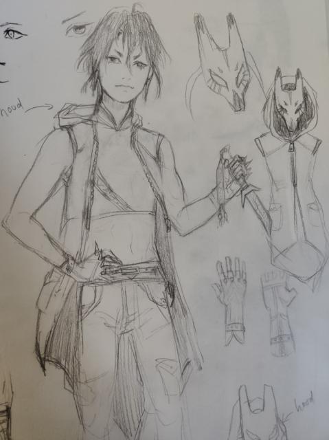 A sketch of my character Taaru. They're holding a dagger, and their outfit features a high neck sleeveless cropped top, trousers, fingerless gloves with knuckle spikes, and a sleeveless coat with a hood. There's also a sketch of a wolf mask and the combination of mask and coat with hood. 