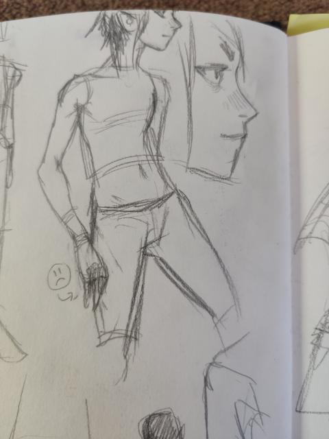 Sketch of Taaru, with cropped top, cropped trousers and fingerless gloves. Taaru is in a bit of a weird pose, looking to the right