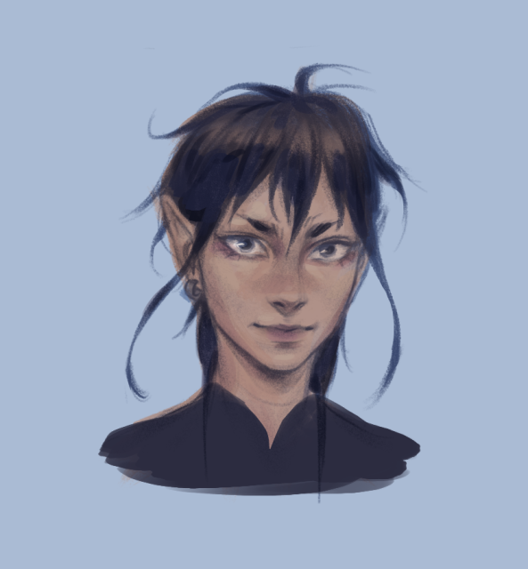 Coloured sketch of Taaru, a portrait. Taaru has elf ears (old design), short pointed eyebrows, short mullet-like black hair with two long strands on either side. They also have small metal loop earrings. Taaru is wearing something with a high collar.