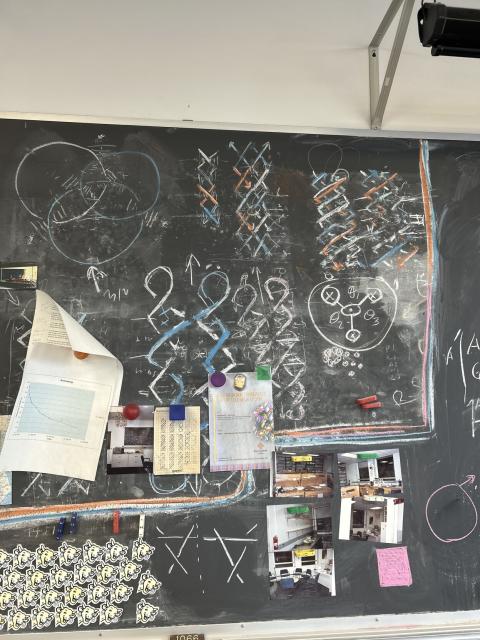 The picture shows a blackboard with drawings of DNA-based nanostructures done with colored chalk. There are also some photographs and papers stuck on the blackboard. The many drawings convey to us the many ideas that went through the mind of Prof. Ned Seeman over the years.