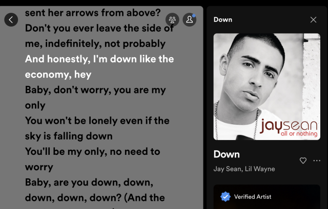 Lyrics for Down by Jay Sean:

And honestly, I’m down like the economy, hey
Baby don’t worry, you are my only
You won’t be lonely even if the sky is falling down
You’ll be my only, no need to worry