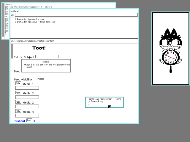 screenshot of 9front desktop with uxn catclock.rom and mothra, in brutaldon.praetor.tel