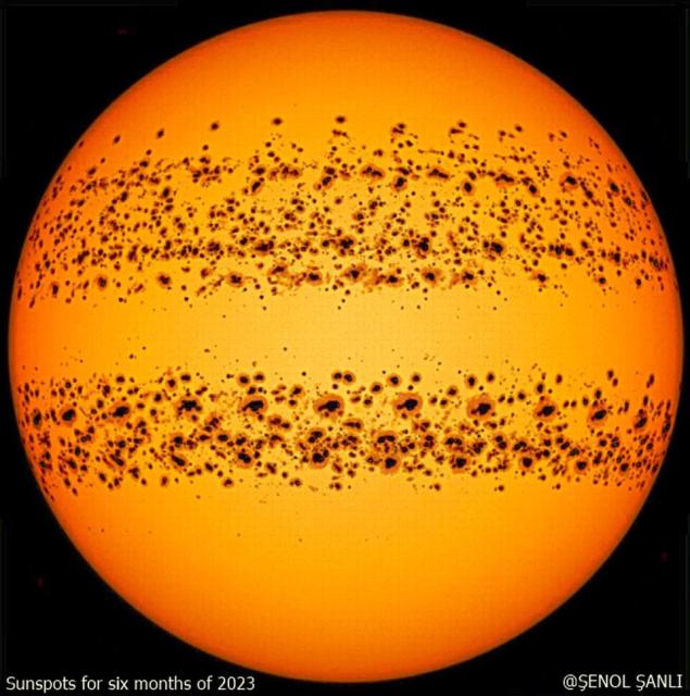 Our Sun is pictured with hundreds of dark sunspots. The image is actually a composite of all of the sunspots visible during the first half of this year.