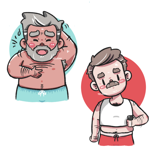 a cute digital illustration of two happy dad figures in teal and red.