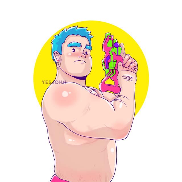 a digital illustration of a shirtless muscley-chubby man holding a toy gun all in bright neon colours.