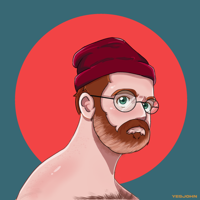 A digital portrait of a whie man with green hair and dark orange hair. he is wearing round glasses and a maroon beanie. the background is a dark green and orange circle.