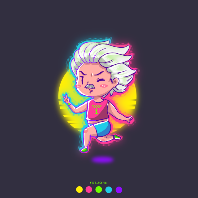 a cute digital art of a running small man with gray-ish white hair and bright neon colours.