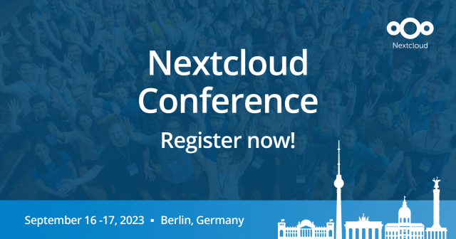 Nextcloud conference banner image, register now for September 16-17 in Berlin, happening at MotionLab.Berlin 