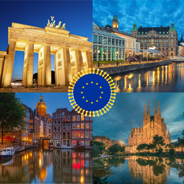 Visual with 4 pictures of European Cities. A circle EU flag is in the middle, surrounded by railway. 

1 The Brandenburg Tor, Berlin, Germany; 
2 Panoramic view of Malmo, Sweden; 
3 View of Amsterdam, The Netherlands; 4 Sagrada Familia, Barcelona, Spain.


