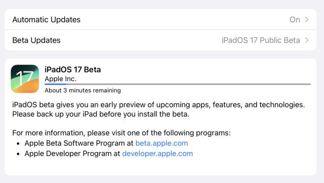 Screenshot showing installation of iPadOS 17 Beta
