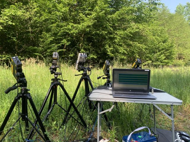 Five laser vibrometers recording the vibroscape of a meadow. A computer shows live vibrational signals emitted by the local insects.