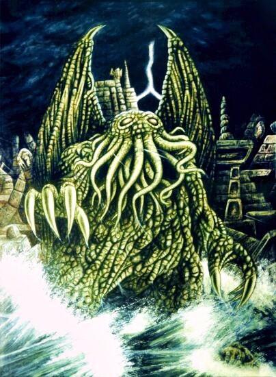 Fan Art from Wikipedia
greenish Cthulhu rising from deep waters in front of city R'lyeh

https://de.m.wikipedia.org/wiki/Cthulhu-Mythos
(german language entry)


