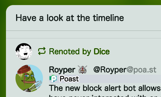 A post from the local timeline of that instance, it shows a local user boosting a post from poa.st, from a user with a pepe avatar