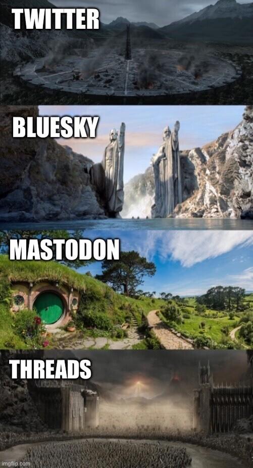 Meme with four panels of landscapes from the Lord of the Rings movies. Each one is labelled with a different social media network. Twitter is Isengard after Saruman’s corruption. Bluesky is the two statues of the Argonath holding their palms out, barring people from entry. Mastodon is the green and pleasant Shire. Threads is the army of Mordor pouring out of the Black Gate
