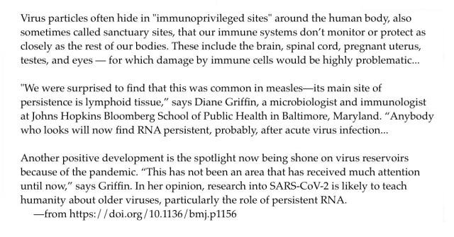 Virus particles often hide in "immunoprivileged sites" around the human body, also sometimes called sanctuary sites, that our immune systems don’t monitor or protect as closely as the rest of our bodies. These include the brain, spinal cord, pregnant uterus, testes, and eyes — for which damage by immune cells would be highly problematic... 
"We were surprised to find that this was common in measles—its main site of persistence is lymphoid tissue,” says Diane Griffin, a microbiologist and immunologist at Johns Hopkins Bloomberg School of Public Health in Baltimore, Maryland. “Anybody who looks will now find RNA persistent, probably, after acute virus infection... 
Another positive development is the spotlight now being shone on virus reservoirs because of the pandemic. “This has not been an area that has received much attention until now,” says Griffin. In her opinion, research into SARS-CoV-2 is likely to teach humanity about older viruses, particularly the role of persistent RNA.

—from https://doi.org/10.1136/bmj.p1156 