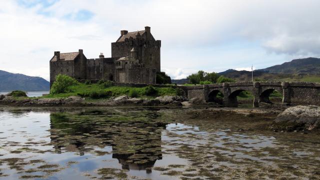 Eilean Donan castle in Scotland in moody weather with no people in sight, which is a rare event!