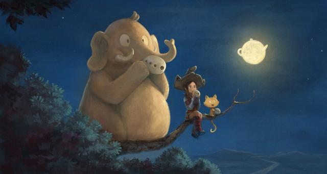 A digital painting artwork depicting a giant mastodon playing a sort of ocarina on a branch, under the moon light of the 'teapot' moon (a moon from Pepper&Carrot webcomic). On the branch, also seat Pepper, a young witch and her cat Carrot. They both also play ocarina. The scene is a parody of a still from "My Neighbor Totoro" by Studio Ghibli.

License: "My Neighboor Mastodon 25K" by David Revoy, with fair-use parody of "My Neighbor Totoro", ghibli.jp − CC-BY 4.0 ( source: https://www.peppercarrot.com/en/artworks/misc.html )