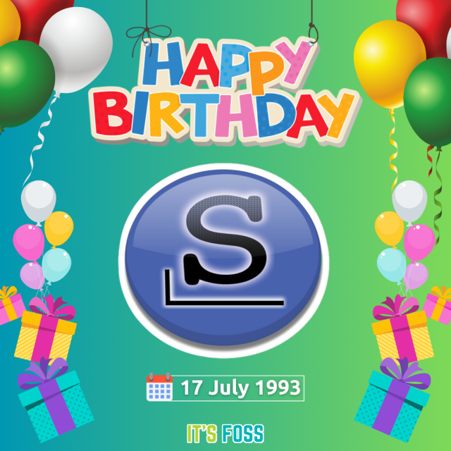 The photo depicts a “Happy Birthday” slogan in big letters, with the Slackware logo below it.