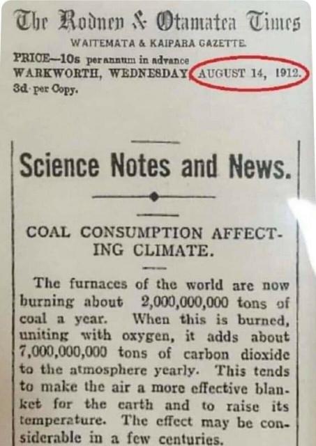 A newspaper article from 1912 (!!!!) warning about the climate catastrophe due to too much carbon dioxide in the atmosphere.