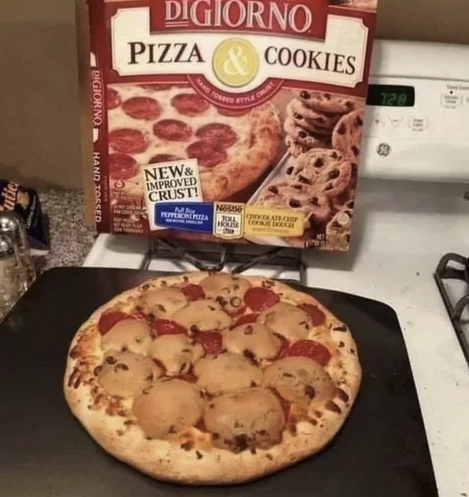 Box of DiGiorno "Pizza and Cookies" but instead of serving them separately the pizza on a pizza pan in front of the box has the chocolate chip cookies on it like a pizza topping.