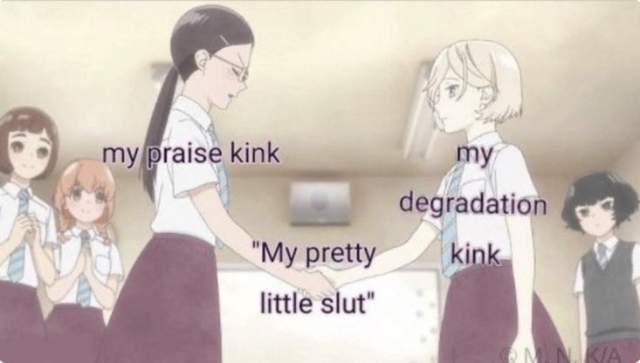 One girl is labeled “my praise kink” the other girl is labeled “my degradation kink” their hands shaking in the middle say” my pretty little slut”