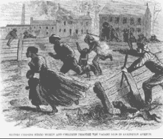Black and white sketch of a Black woman and children running from the mob during the New York City draft riots of 1863.