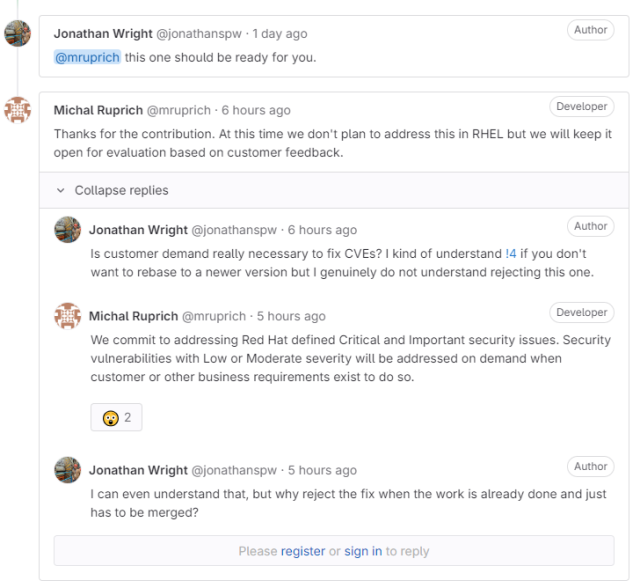 Screenshot of gitlab thread declining pull request.