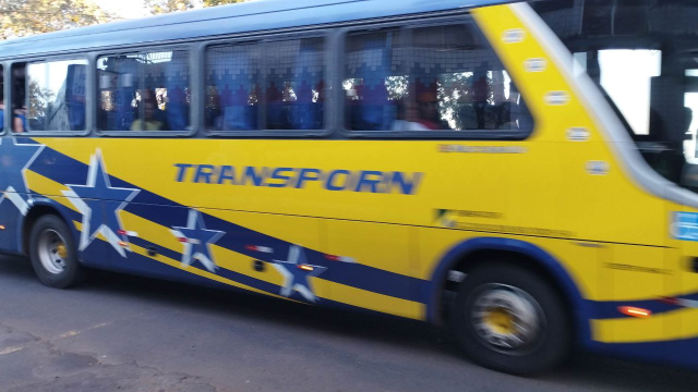 A photograph of the side of a bus that is driving by, while it is slightly blurry due to movement, it clearly says "TRANSPORN"