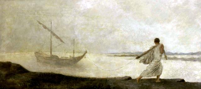 "Claudia Quinta towing the ship bringing the goddess Cybele to Rome in 204 B.C.E." by Hector Leroux (by 1900).

Hector Leroux, Public domain, via Wikimedia Commons. Color edits.