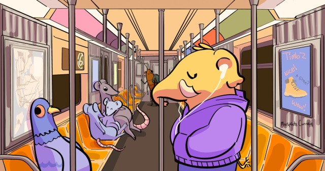 Artwork of a hoodie wearing elephant riding the NYC subway, among the other animal passengers such as pigeons, rats and cockroaches. 