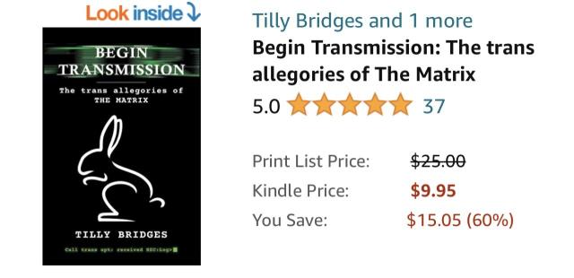 a screenshot showing BEGIN TRANSMISSION: THE TRANS ALLEGORIES OF THE MATRIX has 37 5-Star reviews on Amazon