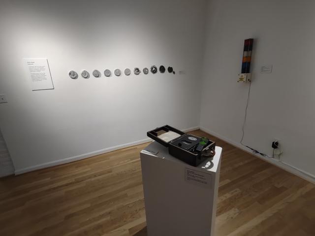 The device in its case is seen in a gallery setting, with other artworks in the background (see earlier in this thread for details).