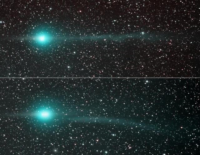 Comet Lulin. Top: January 31, 2009; Bottom: February 4, 2009.

Joseph Brimacombe, Cairns, Australia., CC BY 2.5, via Wikimedia Commons.
