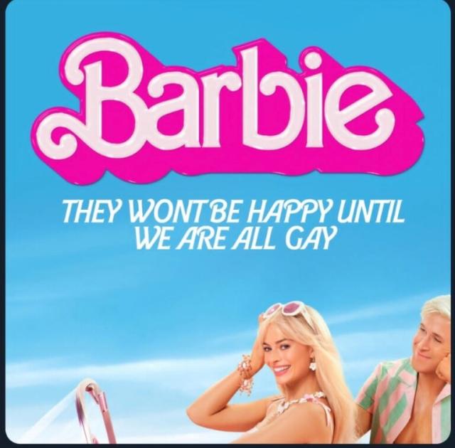A Barbie movie poster but the tag line is "They won't be happy until we are all gay"