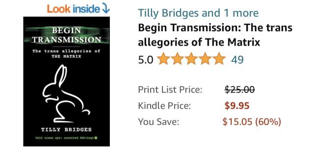 a screenshot showing BEGIN TRANSMISSION: THE TRANS ALLEGORIES OF THE MATRIX has 49 5-Star reviews on Amazon